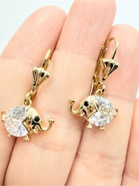 Gold Elephant CZ Crystal Charm Drop Earrings